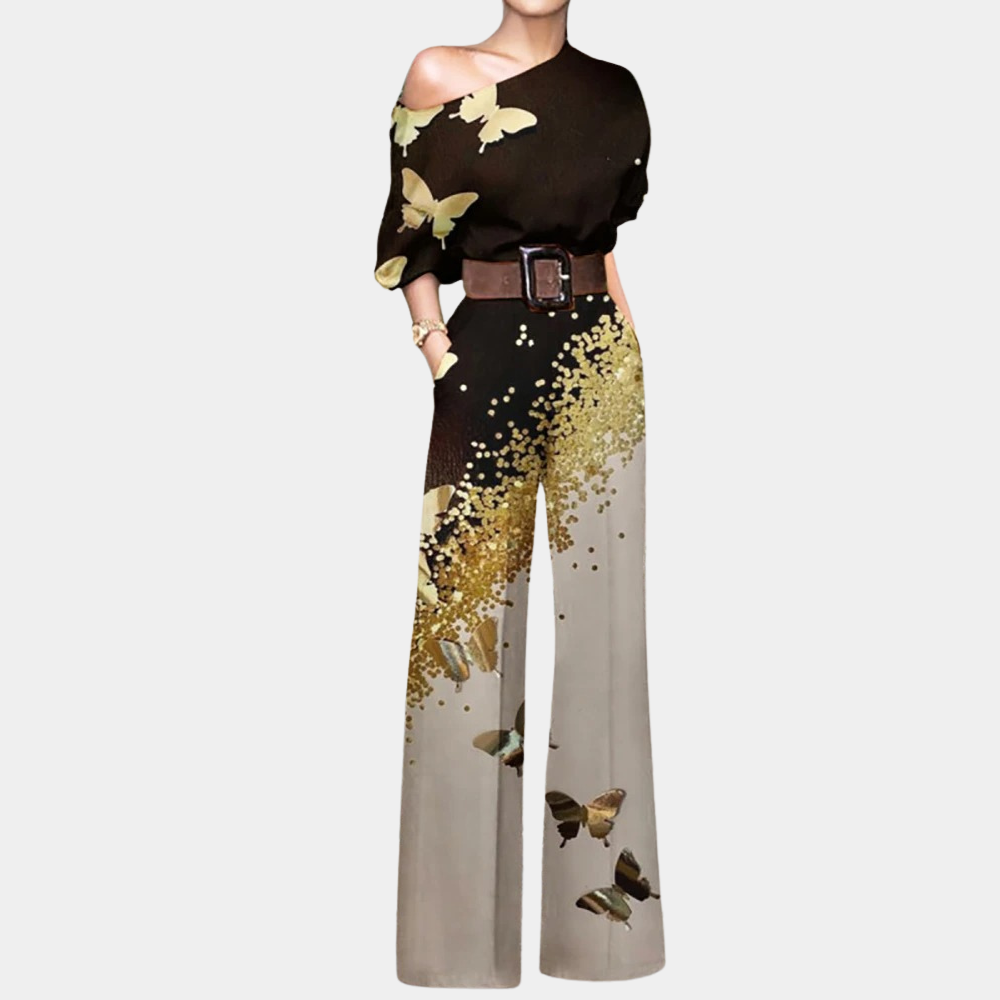 Elowen - Elegante Frühlingskombination mit schulterfreien Trägern und Motiven von Schmetterlingen, Blumen und Pflanzen, 3/4-Ärmeln