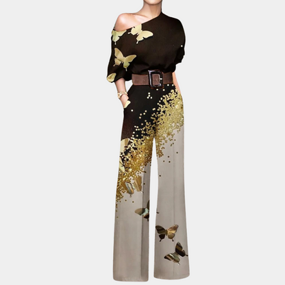Elowen - Elegante Frühlingskombination mit schulterfreien Trägern und Motiven von Schmetterlingen, Blumen und Pflanzen, 3/4-Ärmeln