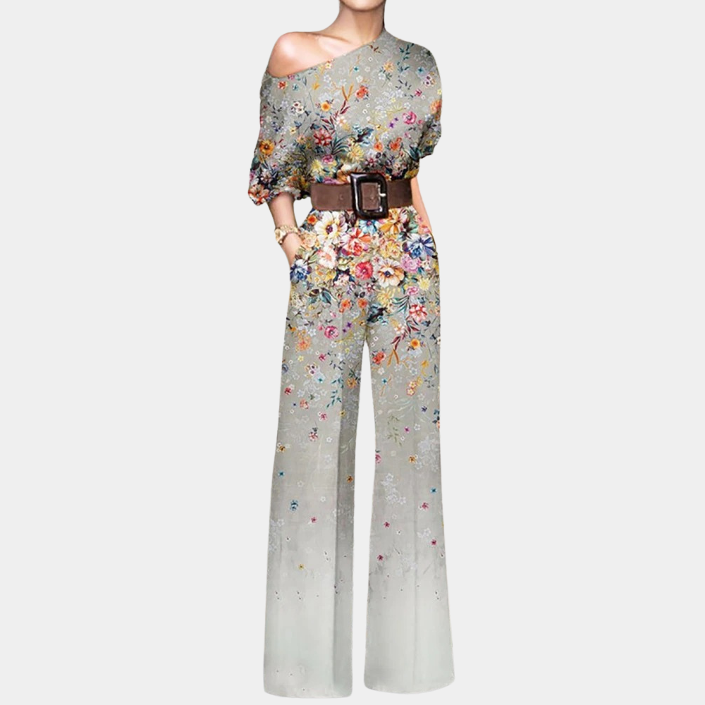 Elowen - Elegante Frühlingskombination mit schulterfreien Trägern und Motiven von Schmetterlingen, Blumen und Pflanzen, 3/4-Ärmeln