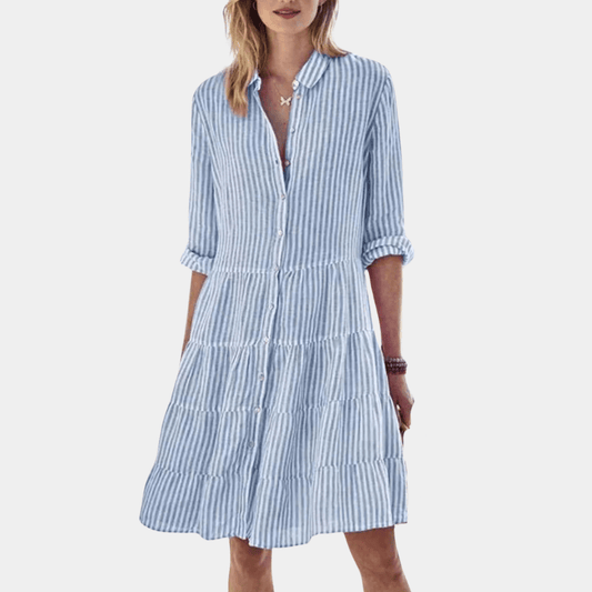 Océane - Gestreiftes Hemdblusenkleid mit Rüschen | Leicht und Atmungsaktiv | Baumwollmischung | Lässiges Sommerkleid