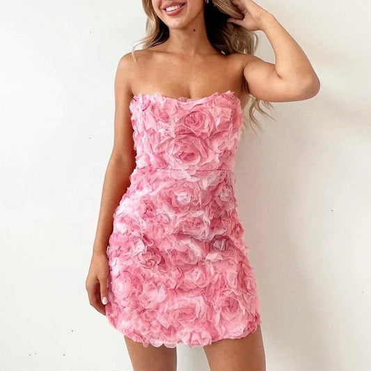Ersine - Elegantes und Dehnbares Mini-Kleid ohne Träger mit Pailletten, Rüschen und roten sowie rosa Blumenmustern