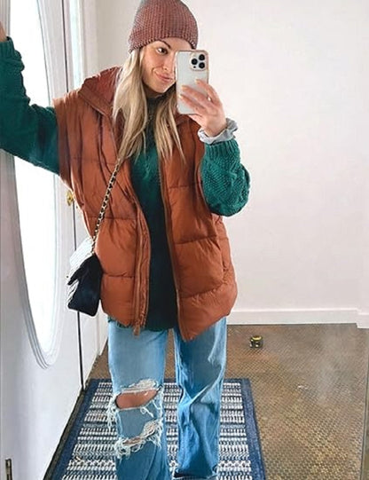 Oversized Steppweste mit Reißverschluss & Taschen – Warme, lässige Winterweste für Damen