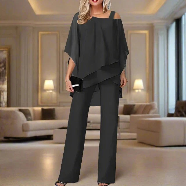Elegantes Damen 2-Teiler Set mit Chiffon-Bluse & weiter Hose – Locker, Stilvoll & Festlich