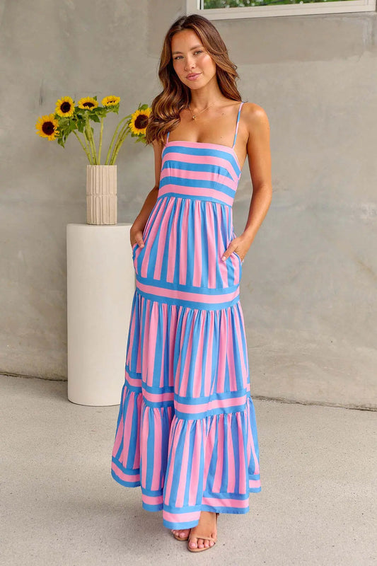 Lisea - Langes, Weites Kleid mit Fröhlichen Streifen für Frühling und Sommer, mit Feinen Spaghetti-Trägern