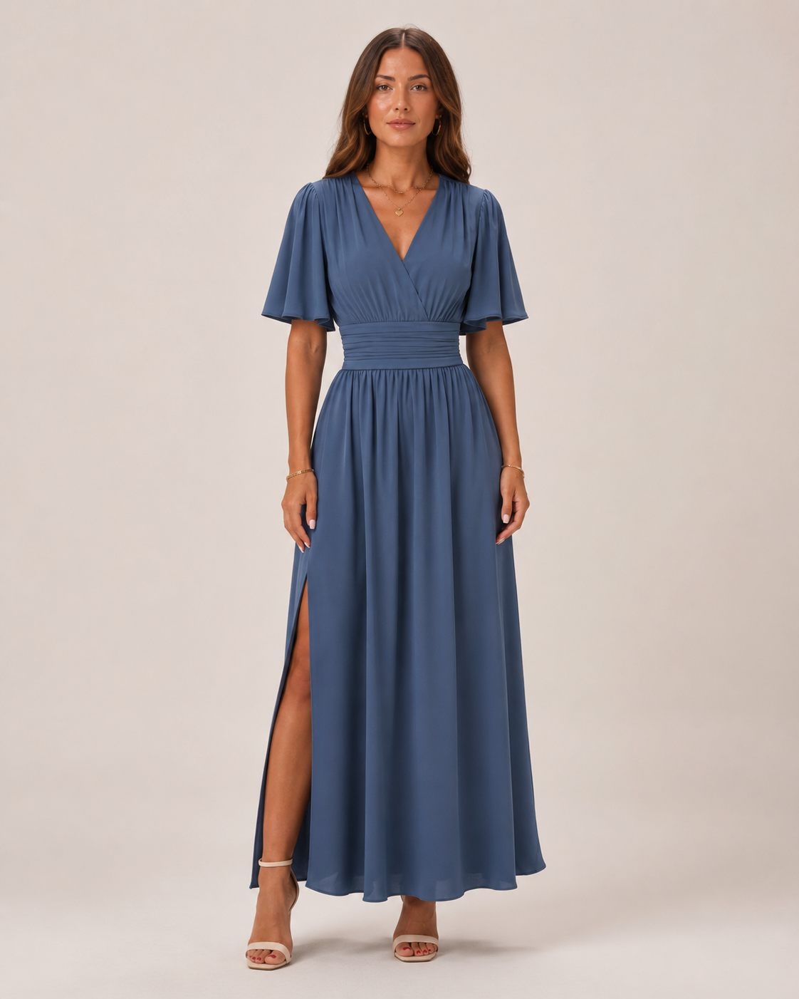 Elegantes V-Ausschnitt Maxikleid für Damen – Fließendes Abendkleid mit Beinschlitz & Taillenbetonung