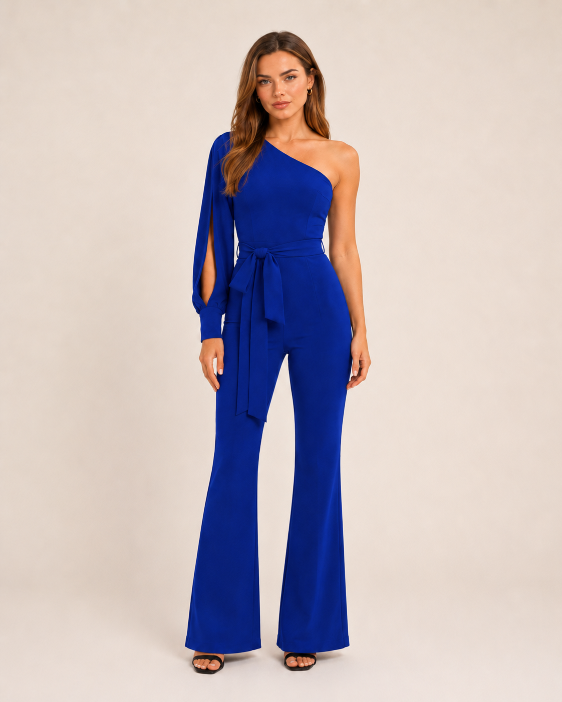 Eleganter Ein-Schulter Jumpsuit mit Bindegürtel für Damen – Figurbetonter Overall mit Schlaghose für Abend & Events