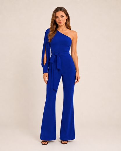 Eleganter Ein-Schulter Jumpsuit mit Bindegürtel für Damen – Figurbetonter Overall mit Schlaghose für Abend & Events