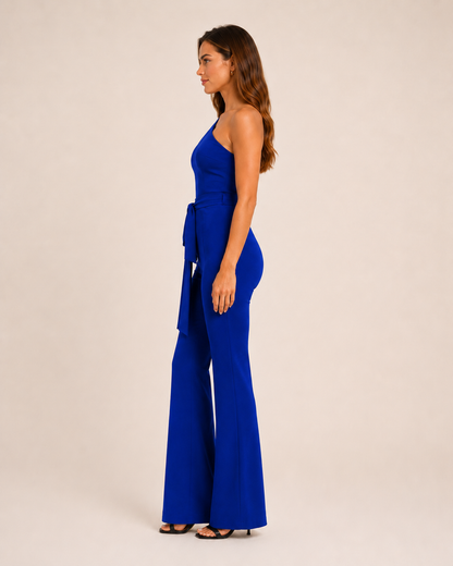 Eleganter Ein-Schulter Jumpsuit mit Bindegürtel für Damen – Figurbetonter Overall mit Schlaghose für Abend & Events