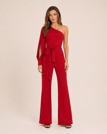 Eleganter Ein-Schulter Jumpsuit mit Bindegürtel für Damen – Figurbetonter Overall mit Schlaghose für Abend & Events