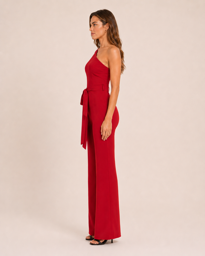 Eleganter Ein-Schulter Jumpsuit mit Bindegürtel für Damen – Figurbetonter Overall mit Schlaghose für Abend & Events