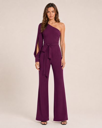 Eleganter Ein-Schulter Jumpsuit mit Bindegürtel für Damen – Figurbetonter Overall mit Schlaghose für Abend & Events