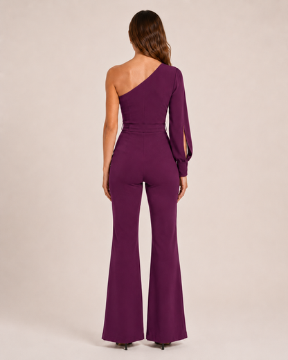 Eleganter Ein-Schulter Jumpsuit mit Bindegürtel für Damen – Figurbetonter Overall mit Schlaghose für Abend & Events