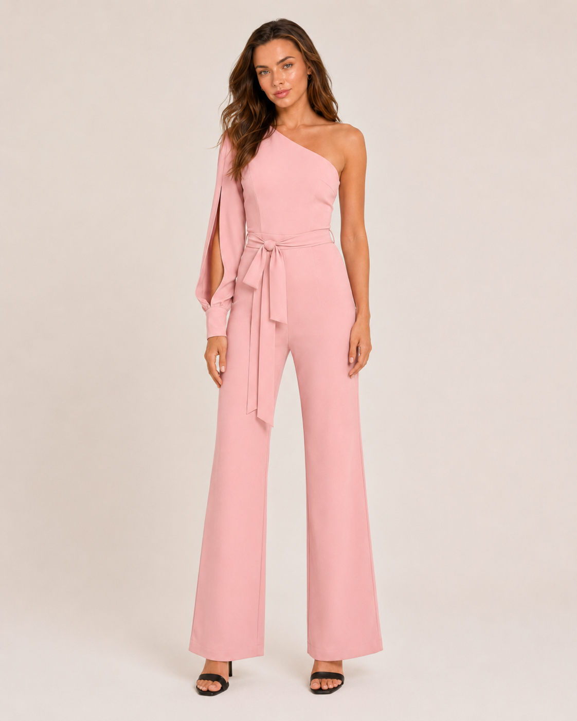 Eleganter Ein-Schulter Jumpsuit mit Bindegürtel für Damen – Figurbetonter Overall mit Schlaghose für Abend & Events