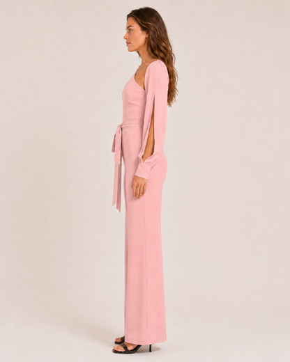 Eleganter Ein-Schulter Jumpsuit mit Bindegürtel für Damen – Figurbetonter Overall mit Schlaghose für Abend & Events