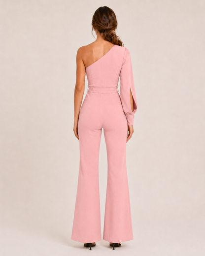 Eleganter Ein-Schulter Jumpsuit mit Bindegürtel für Damen – Figurbetonter Overall mit Schlaghose für Abend & Events