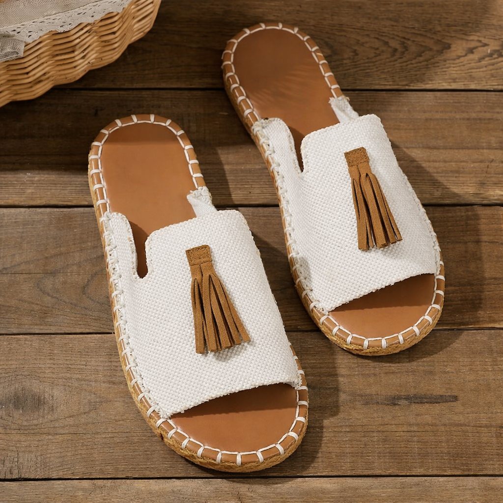 Boho Quasten Sandalen für Damen – Bequeme Sommer Pantoletten mit Ethno-Print