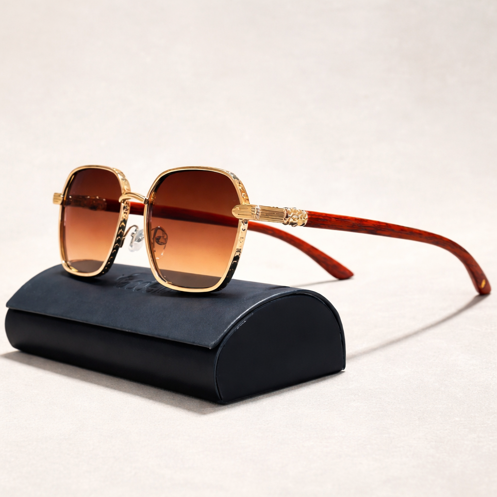 Vintage Sonnenbrille für Damen – Goldrahmen mit Holzoptik-Bügeln & UV400 Schutz