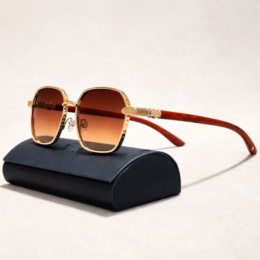 Vintage Sonnenbrille für Damen – Goldrahmen mit Holzoptik-Bügeln & UV400 Schutz