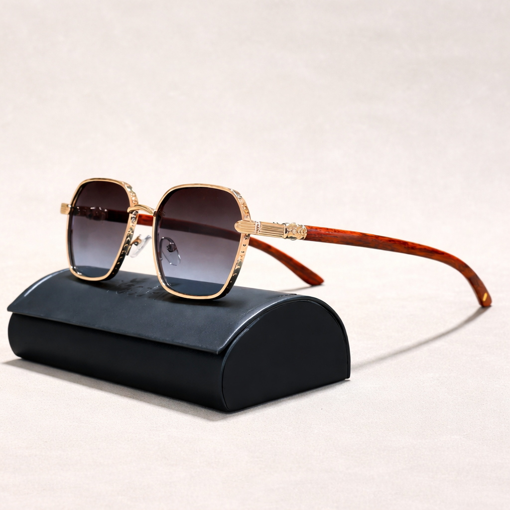 Vintage Sonnenbrille für Damen – Goldrahmen mit Holzoptik-Bügeln & UV400 Schutz