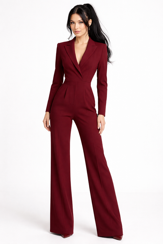 Floréane - Taillierte Power-Jumpsuit mit langen Ärmeln und V-Ausschnitt für Damen