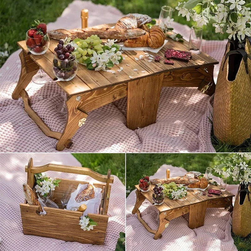 Klappbarer Picknicktisch aus Holz mit Tragekorb – Multifunktionales Outdoor Serviertablett für Garten & Camping