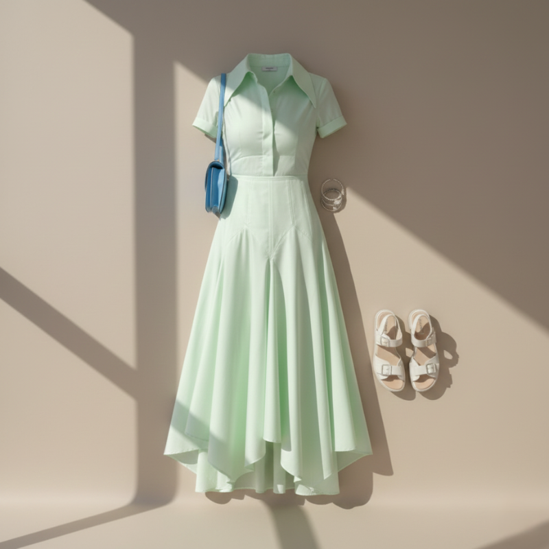 Elegantes Hemdblusen Midi-Kleid mit taillierter Passform & fließendem Rock für Damen – Feminin & Stilvoll