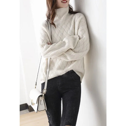 Aurélie - Luxuriöser Kaschmir-Rollkragenpullover für den Frühling, Weite Passform, mit Häkelmuster