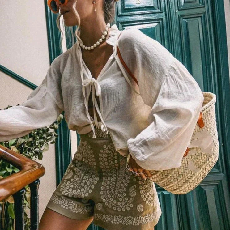 Bestickte High-Waist Shorts für Damen – Boho Sommer Shorts mit Ornamentmuster & lockerer Passform