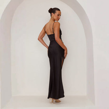 Elegantes Satin-Maxikleid mit Wasserfallausschnitt für Damen – Figurbetontes Abendkleid mit Beinschlitz & Raffdetails