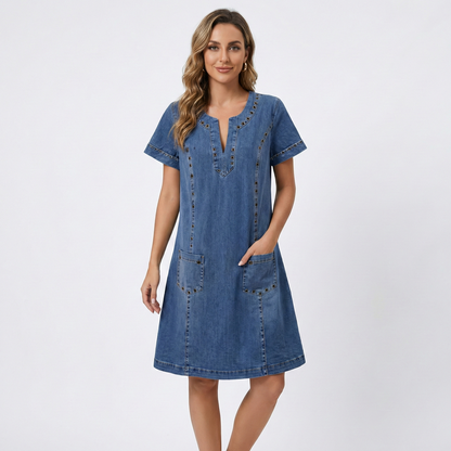 Jeanskleid mit V-Ausschnitt für Damen – Lässiges Kurzarmkleid mit Taschen & Komfortabler Passform
