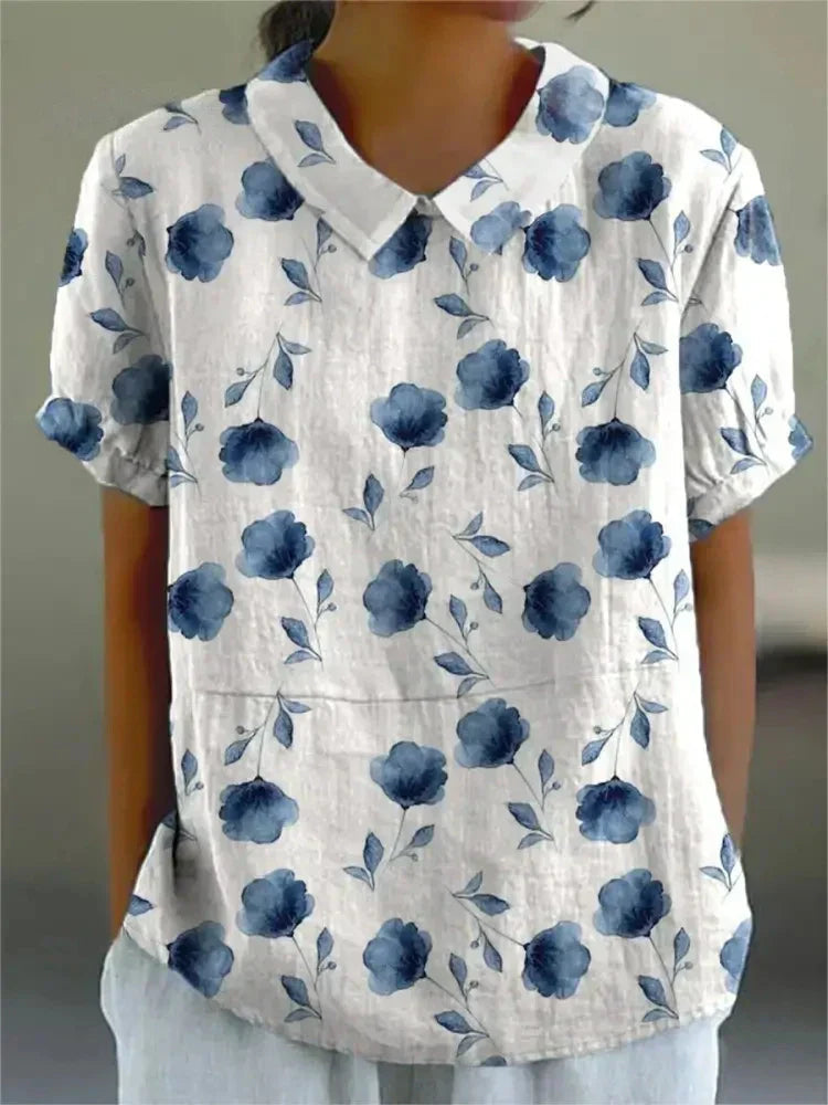Florale Bluse mit Peter-Pan-Kragen für Damen – Luftiges Kurzarmshirt im Vintage-Stil