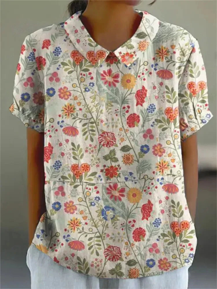 Florale Bluse mit Peter-Pan-Kragen für Damen – Luftiges Kurzarmshirt im Vintage-Stil