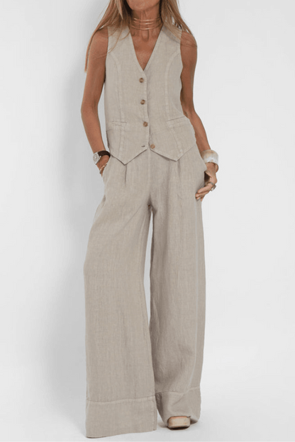 Leinen Zweiteiler Set für Damen – Elegantes Westen-Top & Weite Hose mit hoher Taille