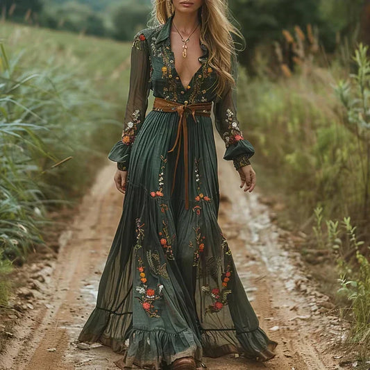 Élvanie - Maxikleid im Boho-Stil mit floralem Muster, elegant und vintage