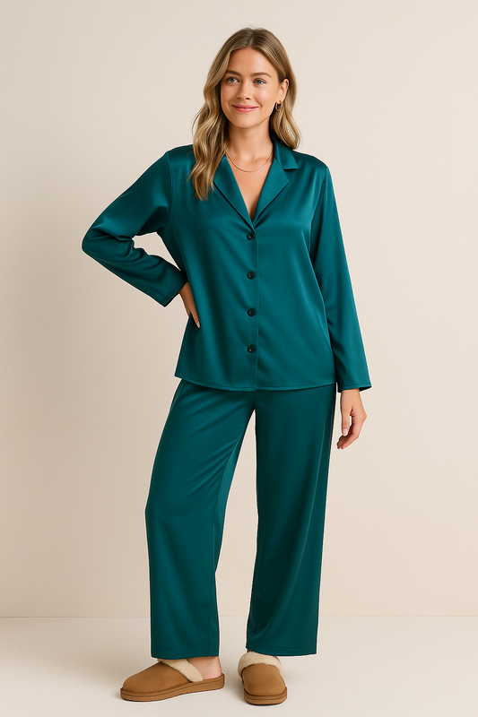 Noélya - Damen Pyjama-Set aus luxuriösem Satin mit Langarmshirt und langer Hose