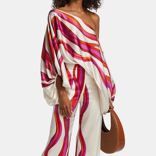 Maëlys - Elegantes Zweiteiliges Ensemble für Frühling und Sommer mit Weiten Ärmeln und Off-Shoulder Design, Hochtaillierte Palazzo-Hosen und Glänzenden Mustern