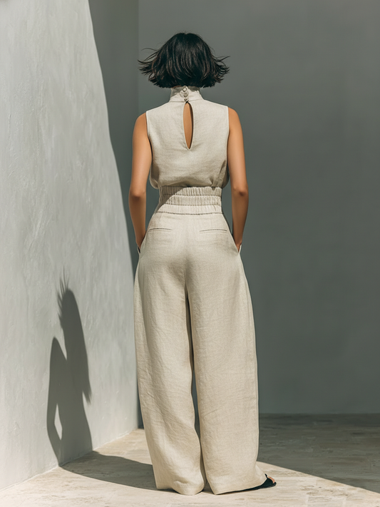 Eleganter Leinen Jumpsuit mit weitem Bein & Stehkragen für Damen – Luftig, Modern & Figurbetont