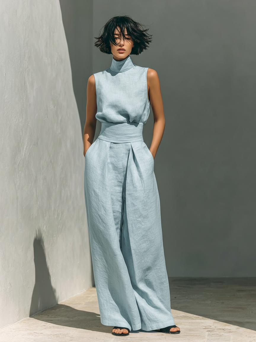 Eleganter Leinen Jumpsuit mit weitem Bein & Stehkragen für Damen – Luftig, Modern & Figurbetont