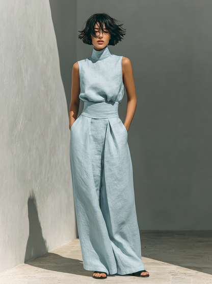 Eleganter Leinen Jumpsuit mit weitem Bein & Stehkragen für Damen – Luftig, Modern & Figurbetont