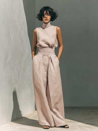 Eleganter Leinen Jumpsuit mit weitem Bein & Stehkragen für Damen – Luftig, Modern & Figurbetont