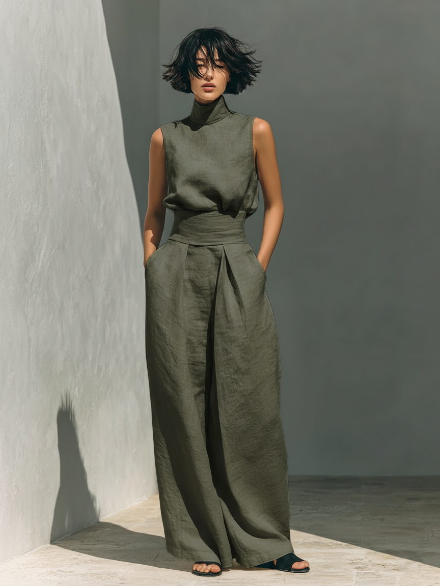 Eleganter Leinen Jumpsuit mit weitem Bein & Stehkragen für Damen – Luftig, Modern & Figurbetont