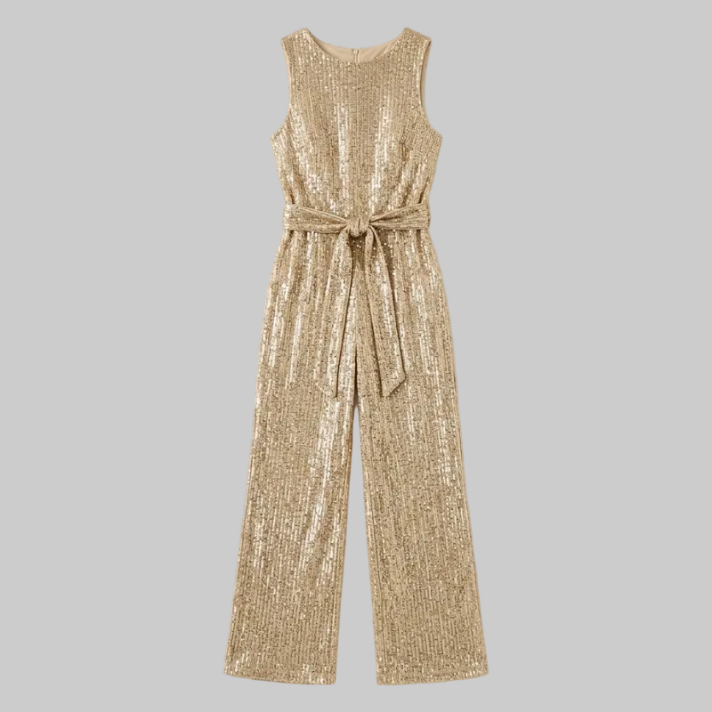Eleganter Pailletten Jumpsuit mit Bindegürtel & weitem Bein für Damen – Glamourös & Figurbetont