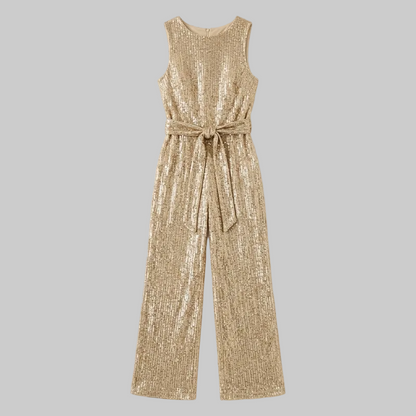 Eleganter Pailletten Jumpsuit mit Bindegürtel & weitem Bein für Damen – Glamourös & Figurbetont
