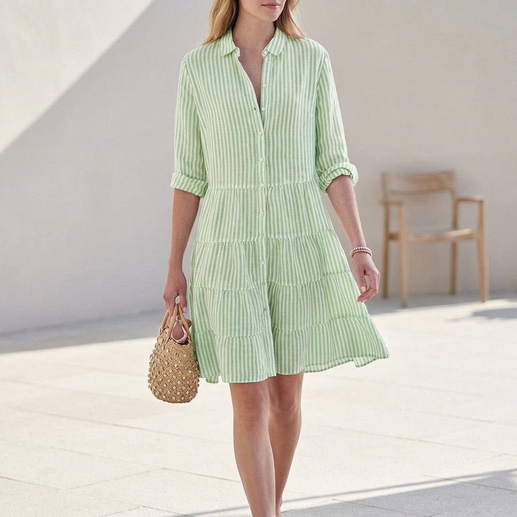 Gestreiftes Hemdblusenkleid für Damen – Leichtes Sommerkleid mit Knopfleiste & Volantrock