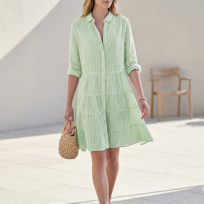Gestreiftes Hemdblusenkleid für Damen – Leichtes Sommerkleid mit Knopfleiste & Volantrock