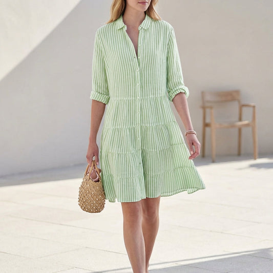 Gestreiftes Hemdblusenkleid für Damen – Leichtes Sommerkleid mit Knopfleiste & Volantrock