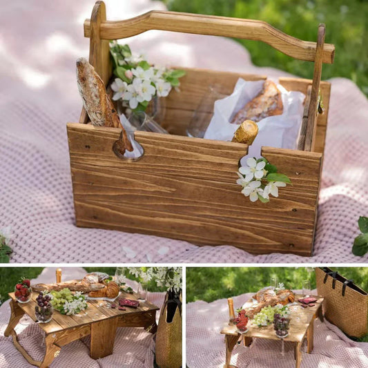Klappbarer Picknicktisch aus Holz mit Tragekorb – Multifunktionales Outdoor Serviertablett für Garten & Camping
