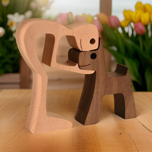 SculptAmical - Handgefertigte Holzskulptur – Symbol der Freundschaft – Hund & Mensch – 100 % Naturholz