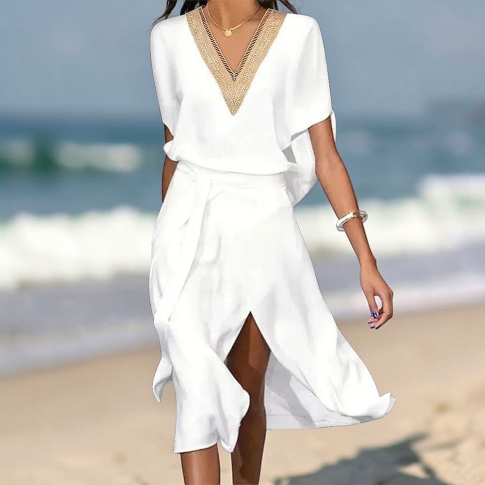 Elegantes Midi Sommerkleid mit V-Ausschnitt & Gold-Detail für Damen – Luftig & stilvoll
