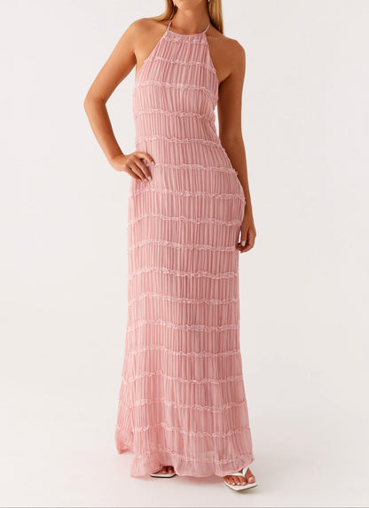 Elegantes Maxikleid mit Neckholder-Ausschnitt für Damen – Plissiertes Abendkleid mit Rückenfrei-Design